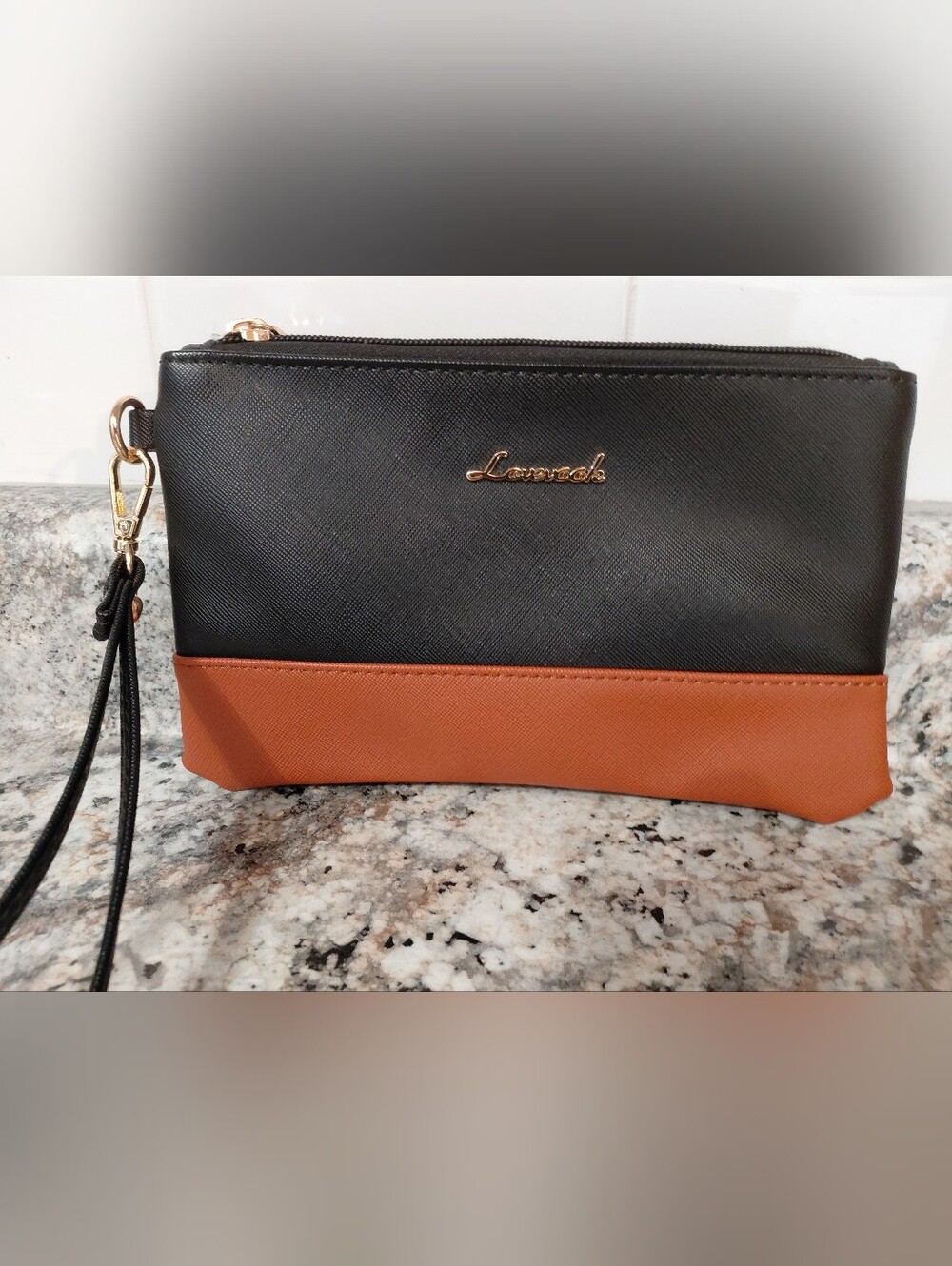 Lovevook Saffiano Faux Leather Two-Tone Black and Brown Wristlet Clutch Pouch
